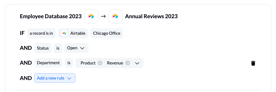 A screenshot of rules in Unito featuring two airtable bases: Employee database 2023 and Annual reviews 2023